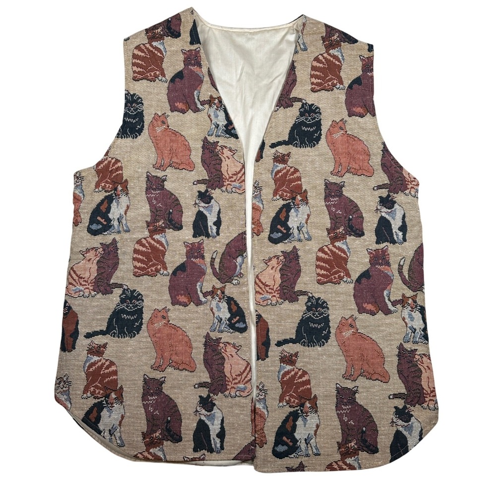 Vintage Tapestry Cat Vest Novelty Print Sleeveless Waistcoat Beige Brown Large